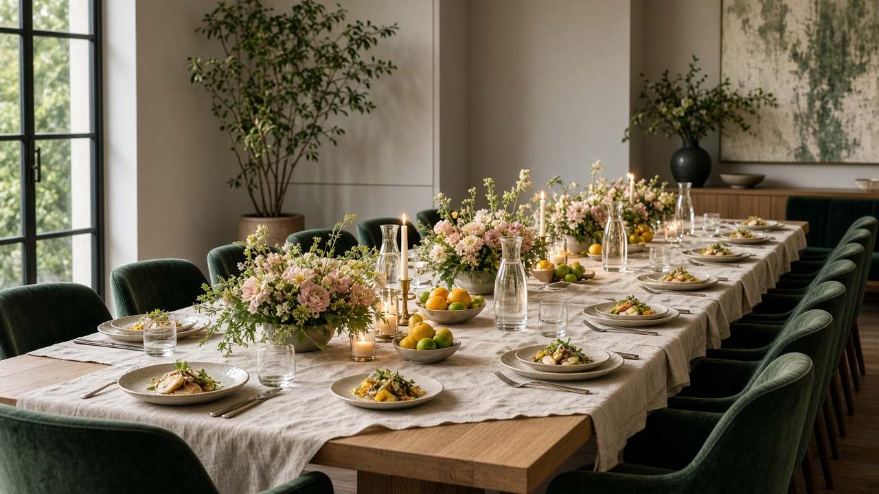 Longue table dressée pour un événement privé de la maison